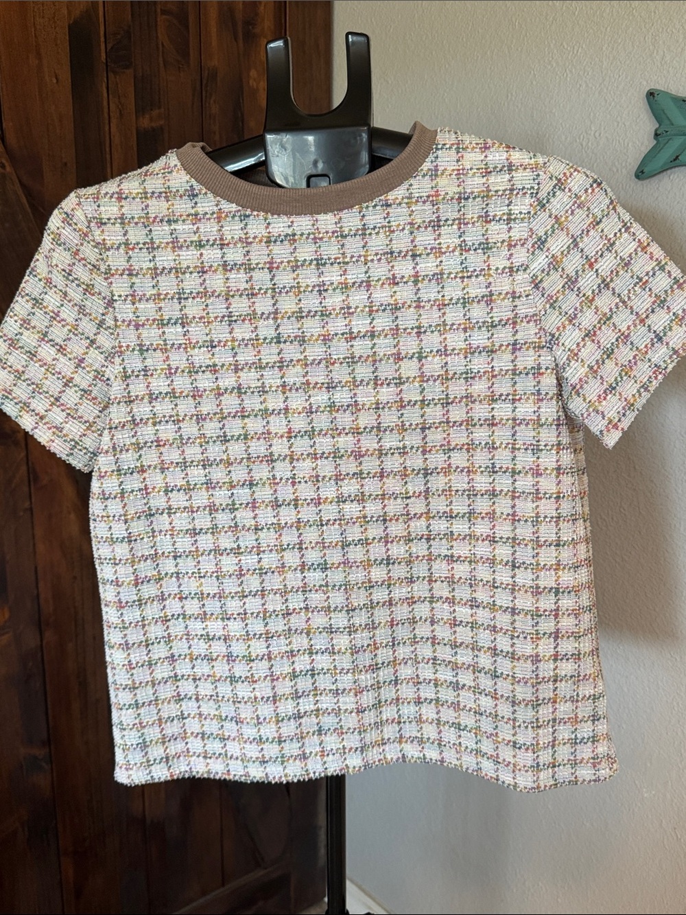 SHEIN Multicolor Tweed Short Sleeve Top with Brown Trim